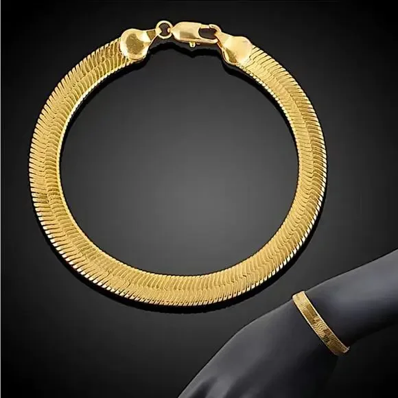 Gold Herringbone Flat Necklace Bracelet Set, Unisex, Two Piece 4mm - Picture 4 of 10